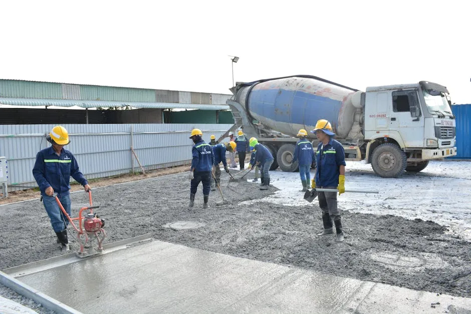 pracownik budowlany precyzyjnie wylewający beton z pompy na placu budowy