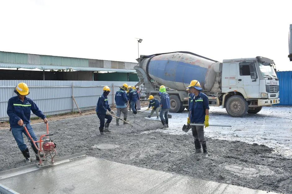 Profesjonalny proces wylewania betonu towarowego na nowoczesnym placu budowy Profesjonalny proces wylewania betonu towarowego na nowoczesnym placu budowy