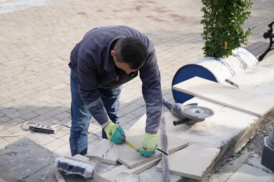 fachowiec dokonujący pomiarów powierzchni betonowej na placu budowy